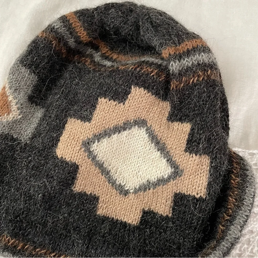 Aztec Southwestern Beanie Gray Cream Brown alpaca wool blend
